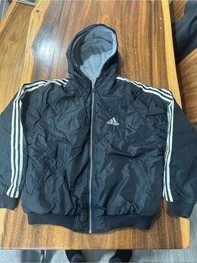 Vtg 90s Adidas Reversible Black Windbreaker Gray Fleece Full Zip Jacket Sz XL